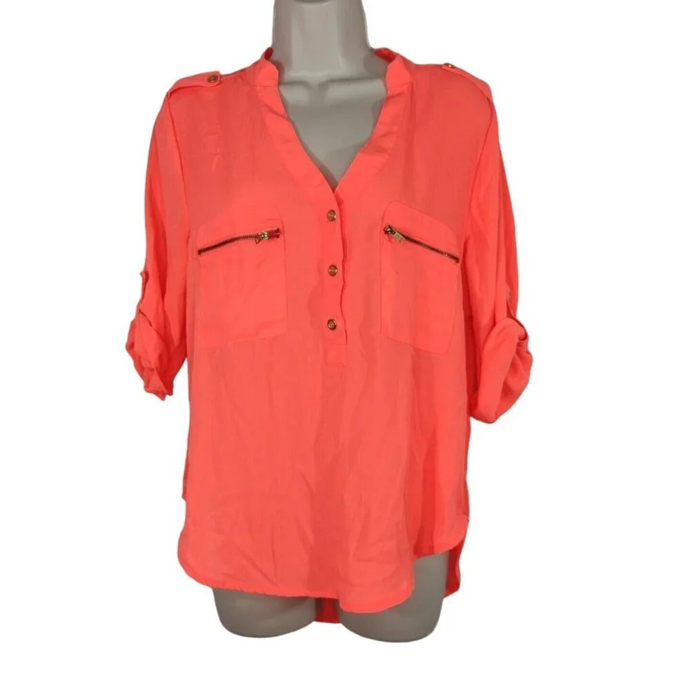 Wishful Park Bright Orange Top V-neck Women Size S Roll Tab Sleeve FLAW